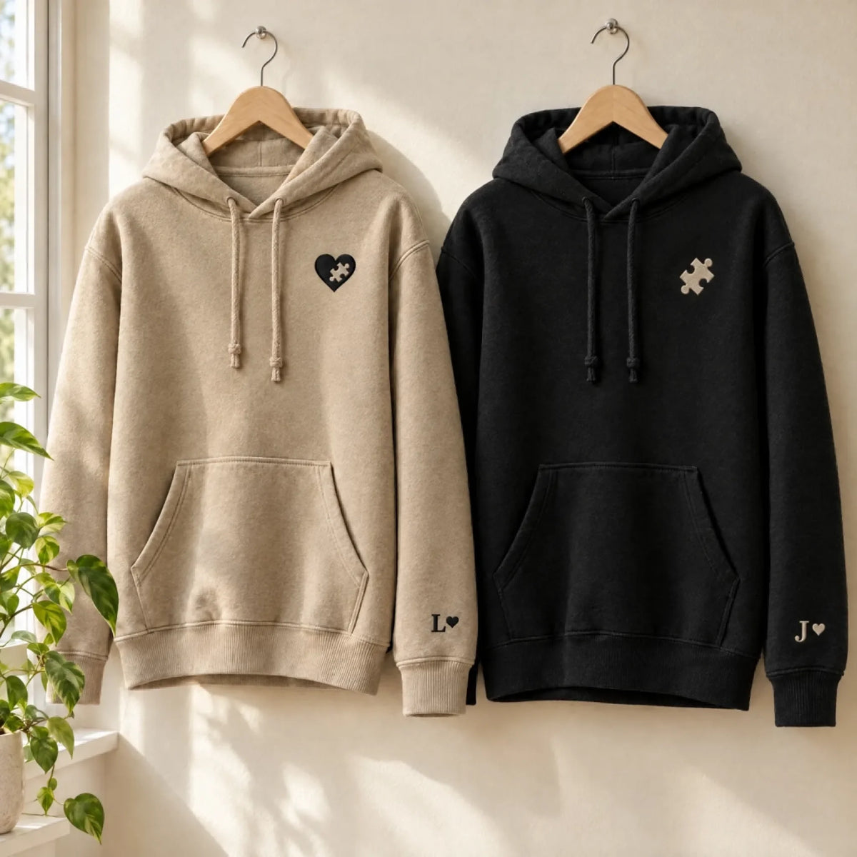 Partner Hoodies Schwarz und Sand auf Bügeln mit gestickten Initialen am Ärmel
