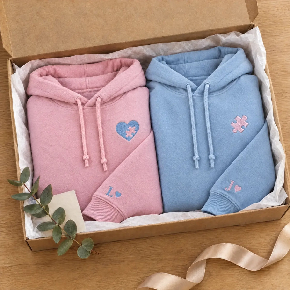 Geschenkbox mit Partner Hoodies Hellblau und Rosa mit Initialen