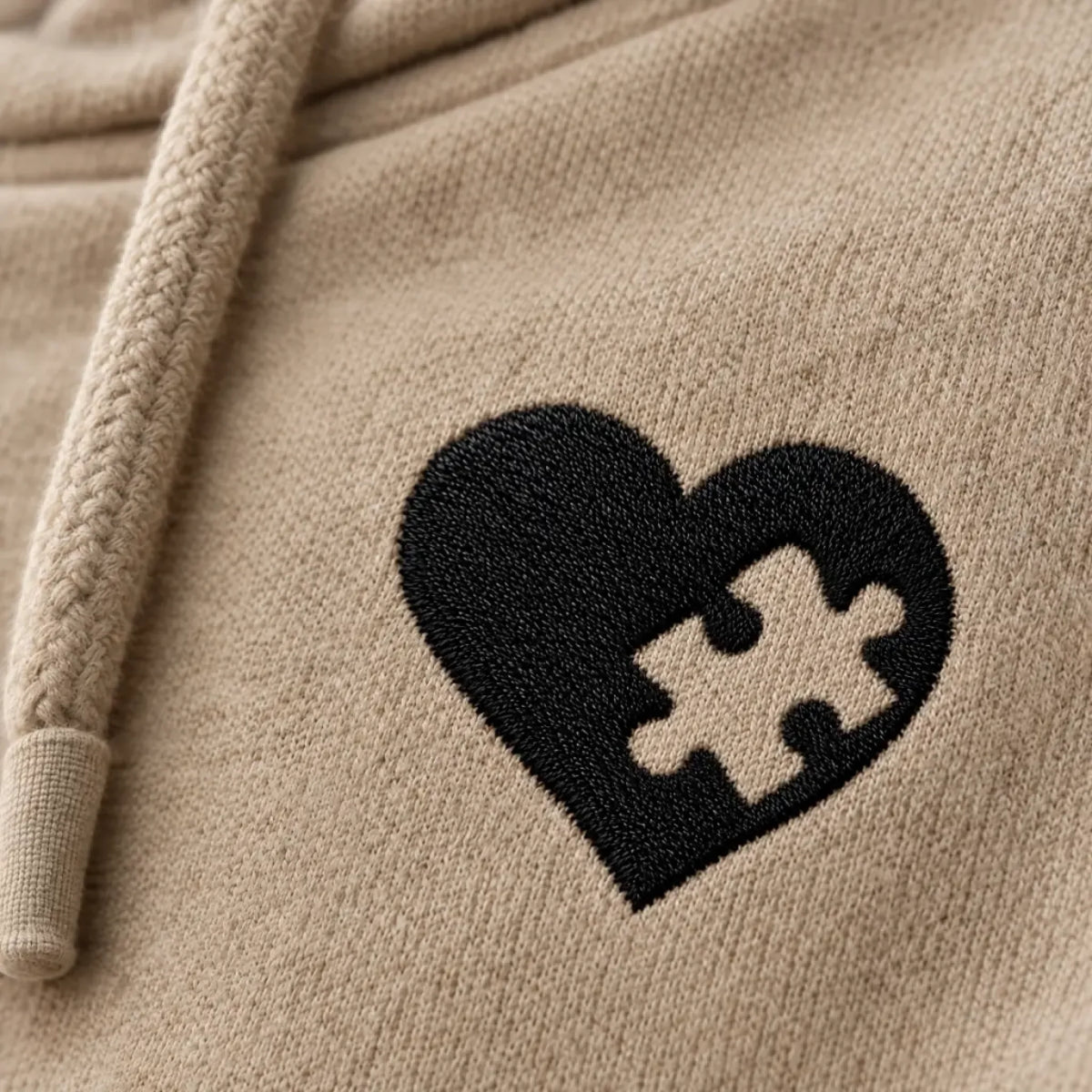 Detail: gesticktes Herz mit Puzzle-Aussparung auf Sand-Hoodie