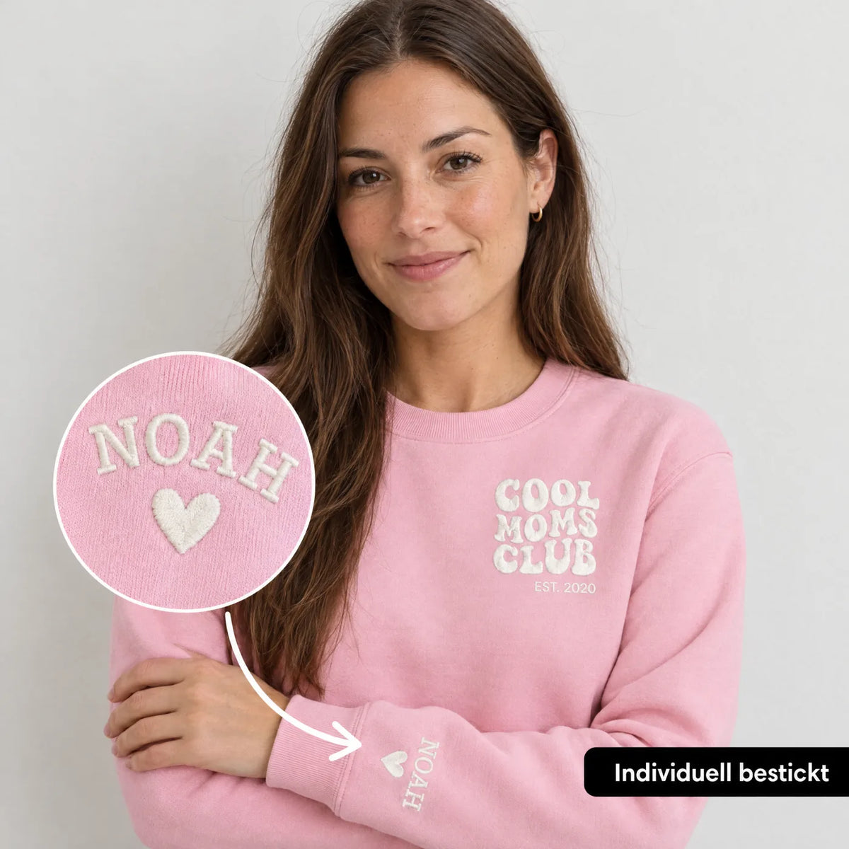 “Cool Moms Club“ - Personalisiertes, besticktes Sweatshirt mit Kindernamen und Datum
