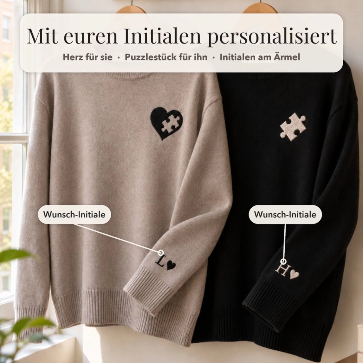 Partner-Pullover mit Wunsch-Initialen am Ärmel personalisiert