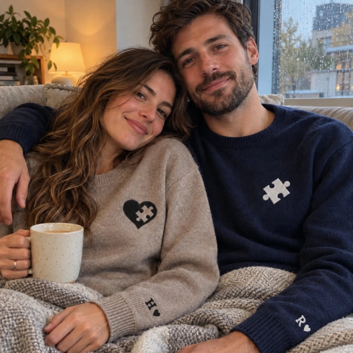 Paar kuschelt auf dem Sofa in Herz und Puzzle Pullovern