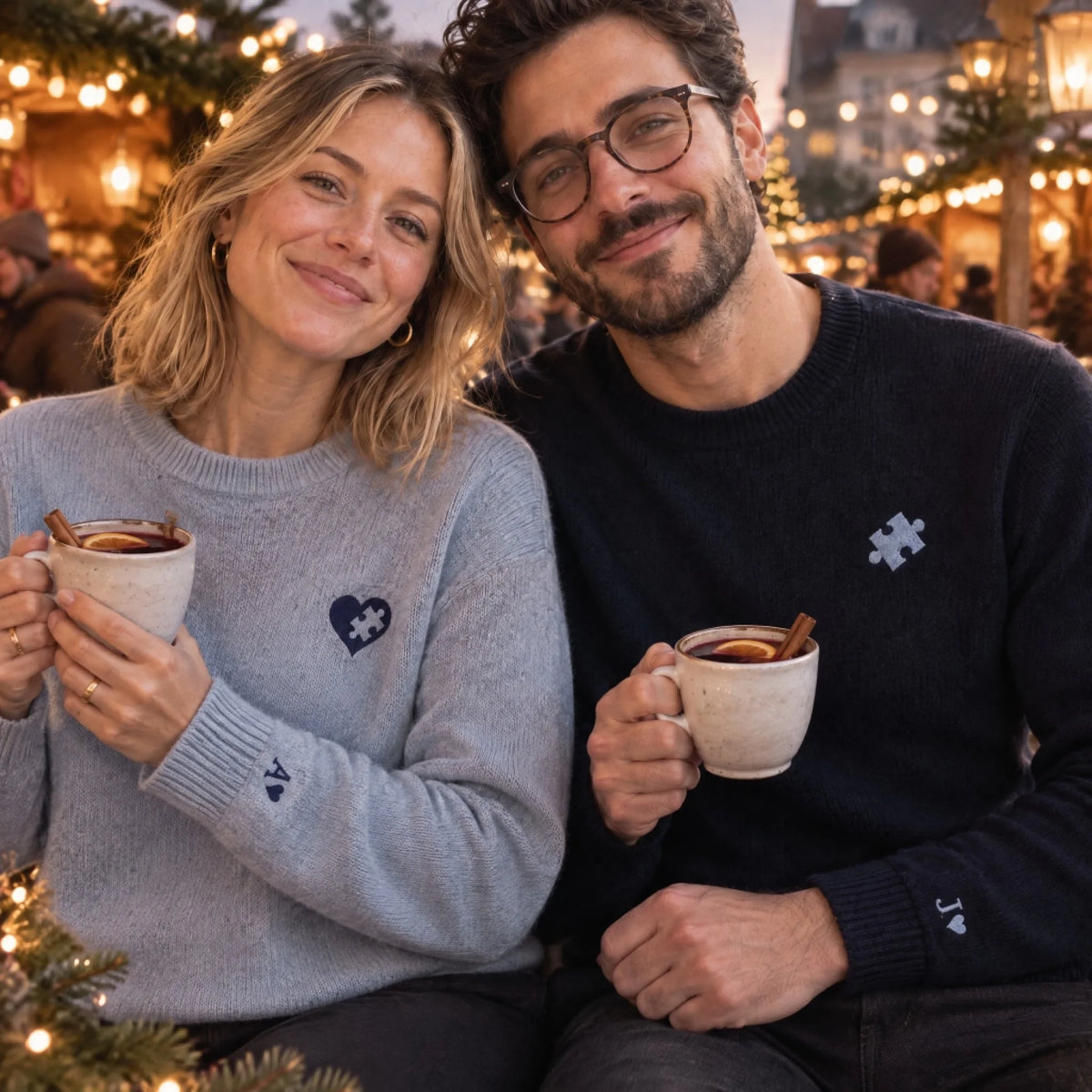 Paar auf dem Weihnachtsmarkt in Partner-Pullovern Navy und Hellblau