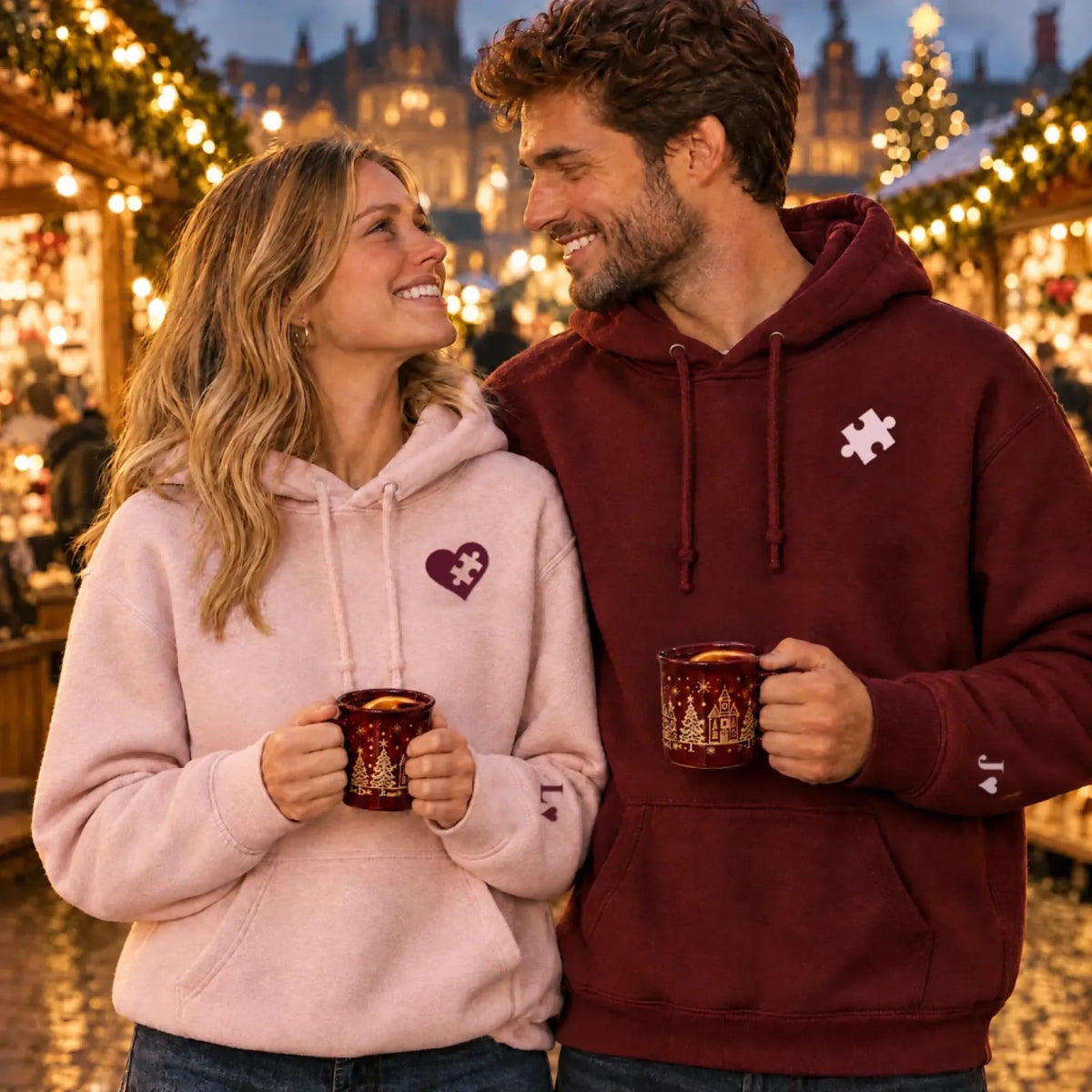 Paar auf dem Weihnachtsmarkt in Partner Hoodies Weinrot und Rosa