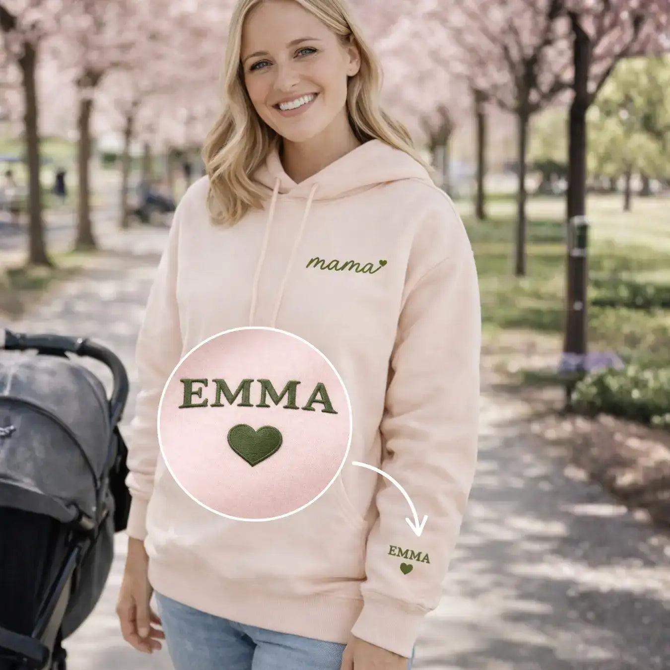 "mama" - Personalisierter, bestickter Hoodie mit Kindernamen