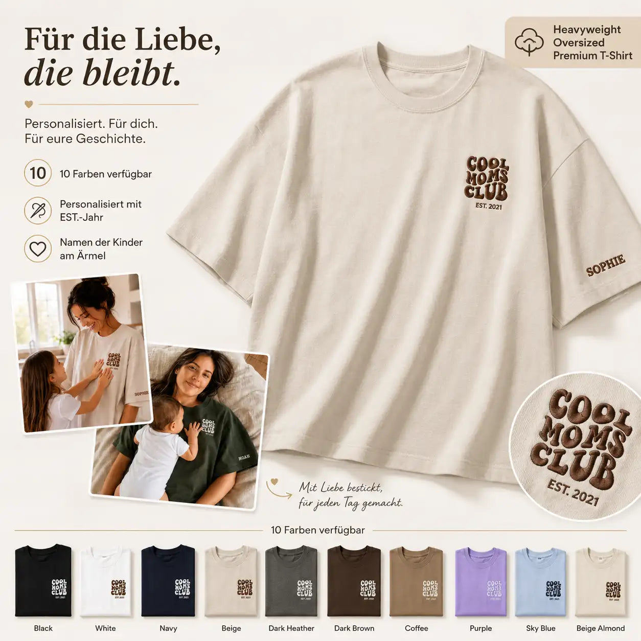 “Cool Moms Club“ - Personalisiertes, besticktes Heavy Cotton T-Shirt