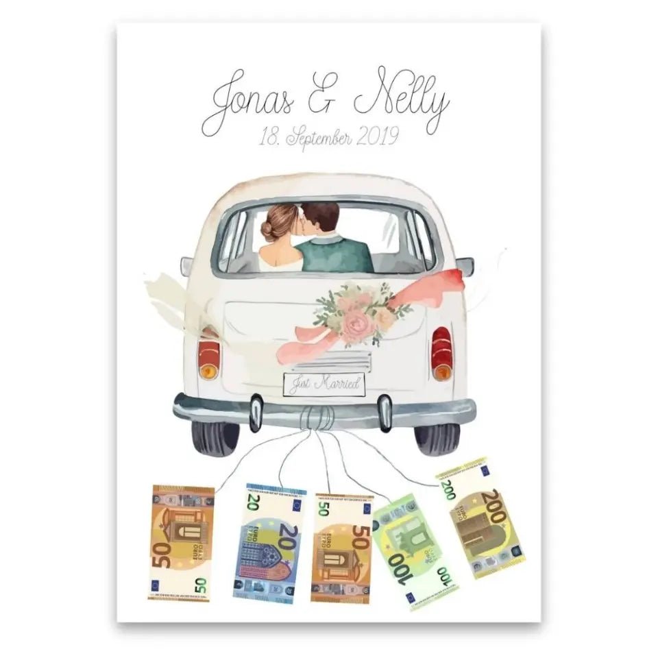 "Just Married" poster - Personalized money gift for the wedding - Wellentine.de