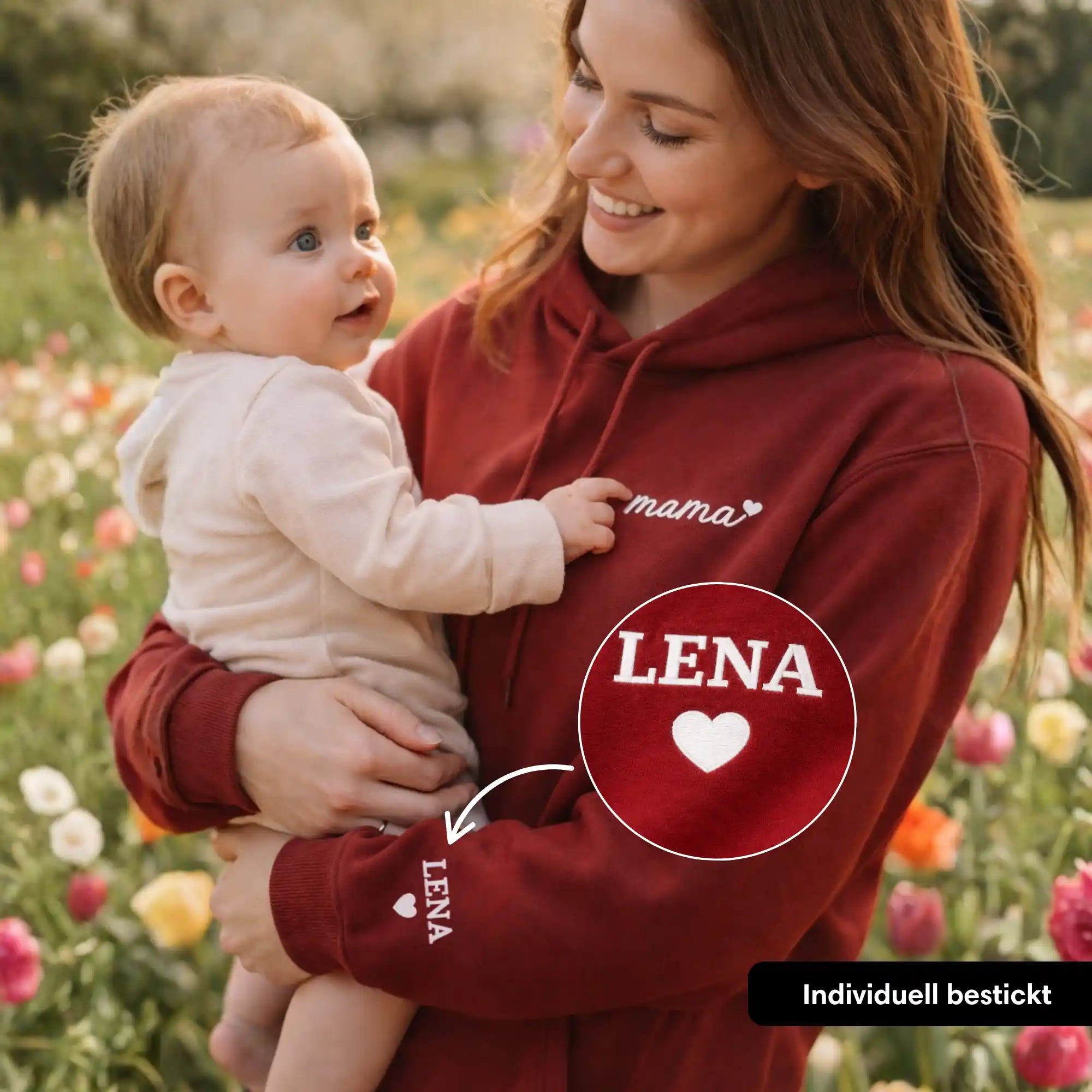 "mama" - Personalisierter, bestickter Hoodie mit Kindernamen